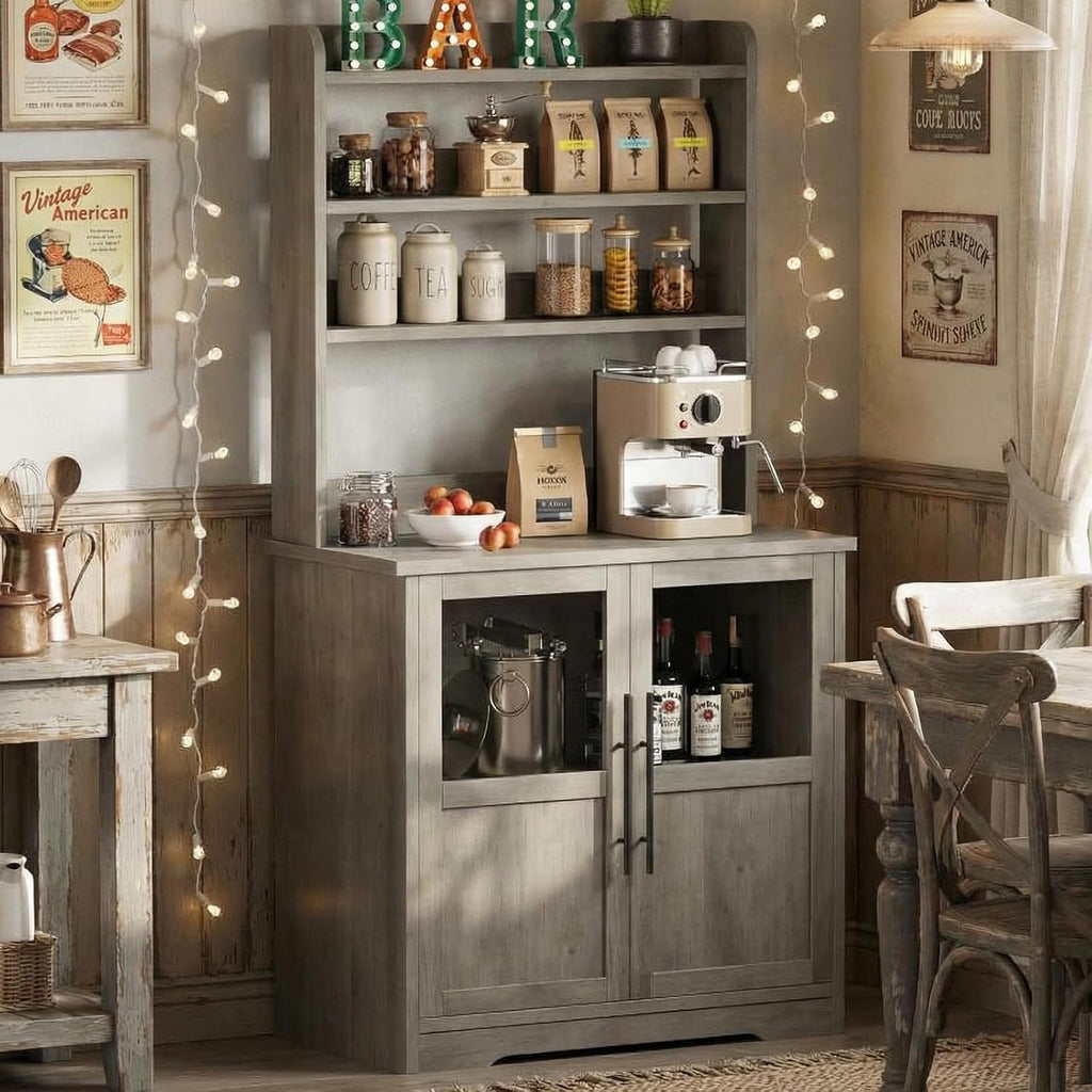 GarveeHome Bakers Rack with Power Outlet and 2 Glass Door, 63' Tall Farmhouse Wood Microwave Stand with Hutch & 3 Shelves, Coffee Bar Cabinet with Thick Counter, Sturdy Frame, for Kitchen, Rustic Gray