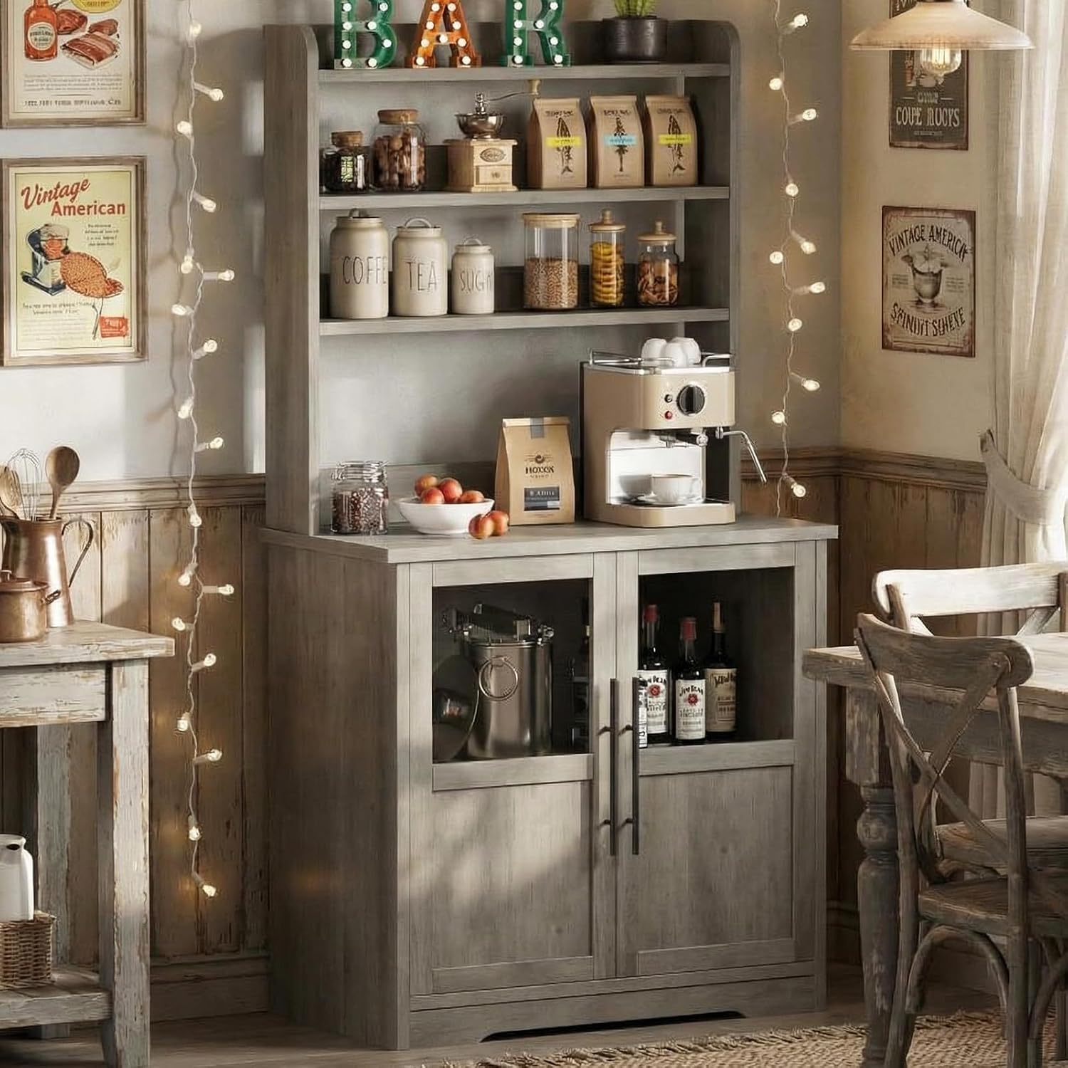 GarveeHome Bakers Rack with Power Outlet and 2 Glass Door, 63' Tall Farmhouse Wood Microwave Stand with Hutch & 3 Shelves, Coffee Bar Cabinet with Thick Counter, Sturdy Frame, for Kitchen, Rustic Gray