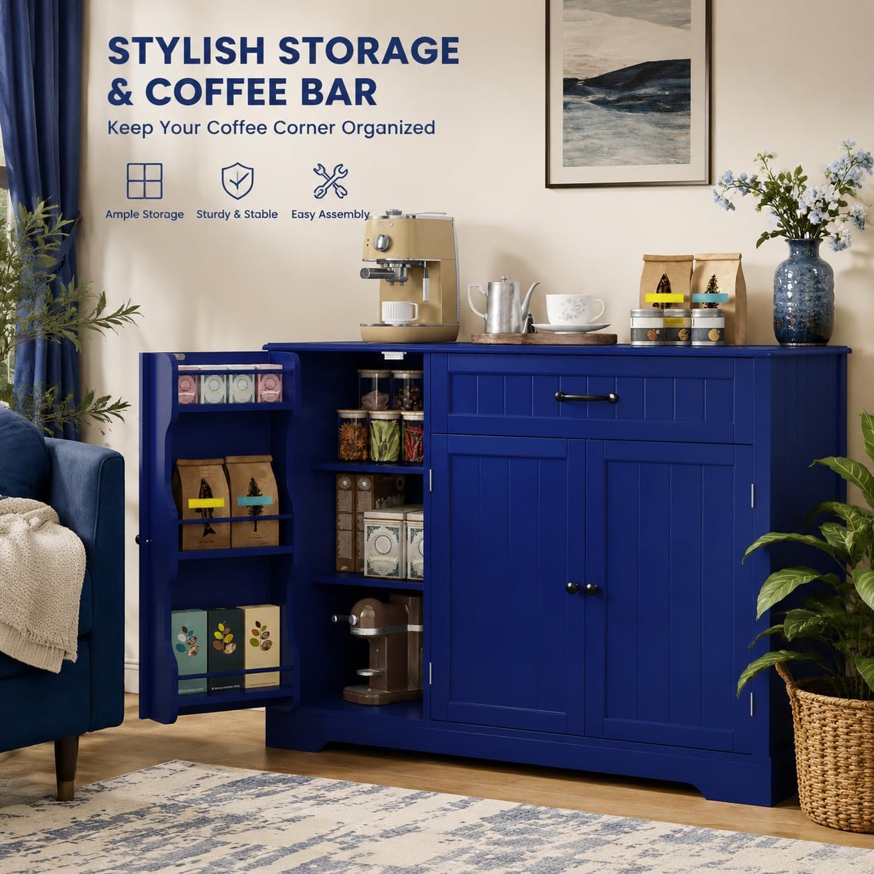 Gizoon Kitchen Sideboard Buffet Cabinet with Storage Small Coffee Bar Cabinet with Drawer, Kitchen Pantry Storage Cabinet with Door and Shelves for Bathroom and Living Room, Painted Navy Blue