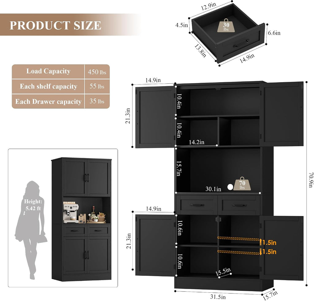 HOSTACK 71' Tall Kitchen Pantry Storage Cabinet, Modern Kitchen Hutch Bar Cabinet with Microwave Stand, Wood Buffet Sideboard with Hutch, Cupboard with Drawers, Shelves for Dining Room, Black
