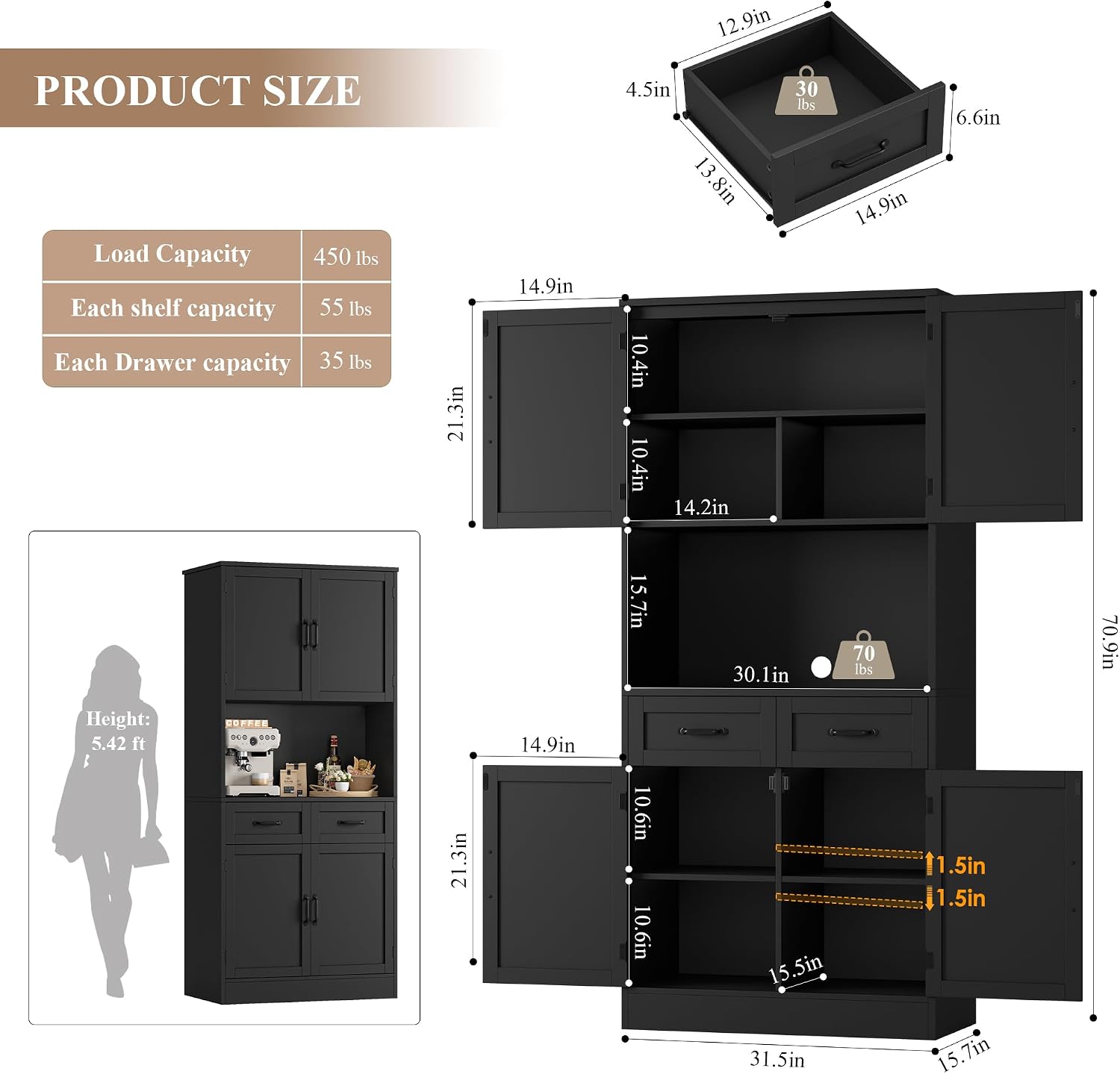 HOSTACK 71' Tall Kitchen Pantry Storage Cabinet, Modern Kitchen Hutch Bar Cabinet with Microwave Stand, Wood Buffet Sideboard with Hutch, Cupboard with Drawers, Shelves for Dining Room, Black