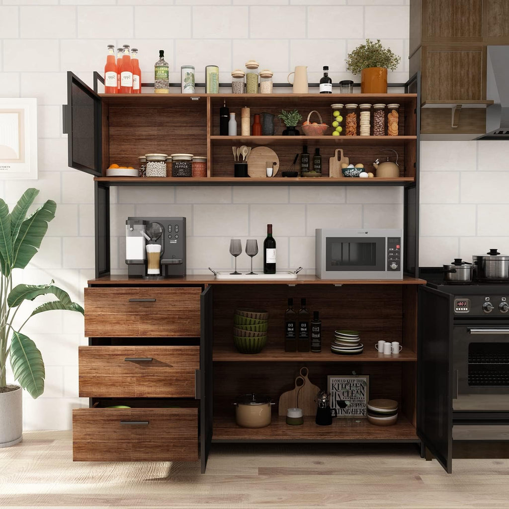 AGOTENI Large Kitchen Hutch Cabinet, Storage Cupboard Pantry with 3 Metal Doors, 3 Drawers & Microwave Shelf, for Kitchen Open Storage, Rustic Brown (59' W x 15.7' D x 68.5' H)