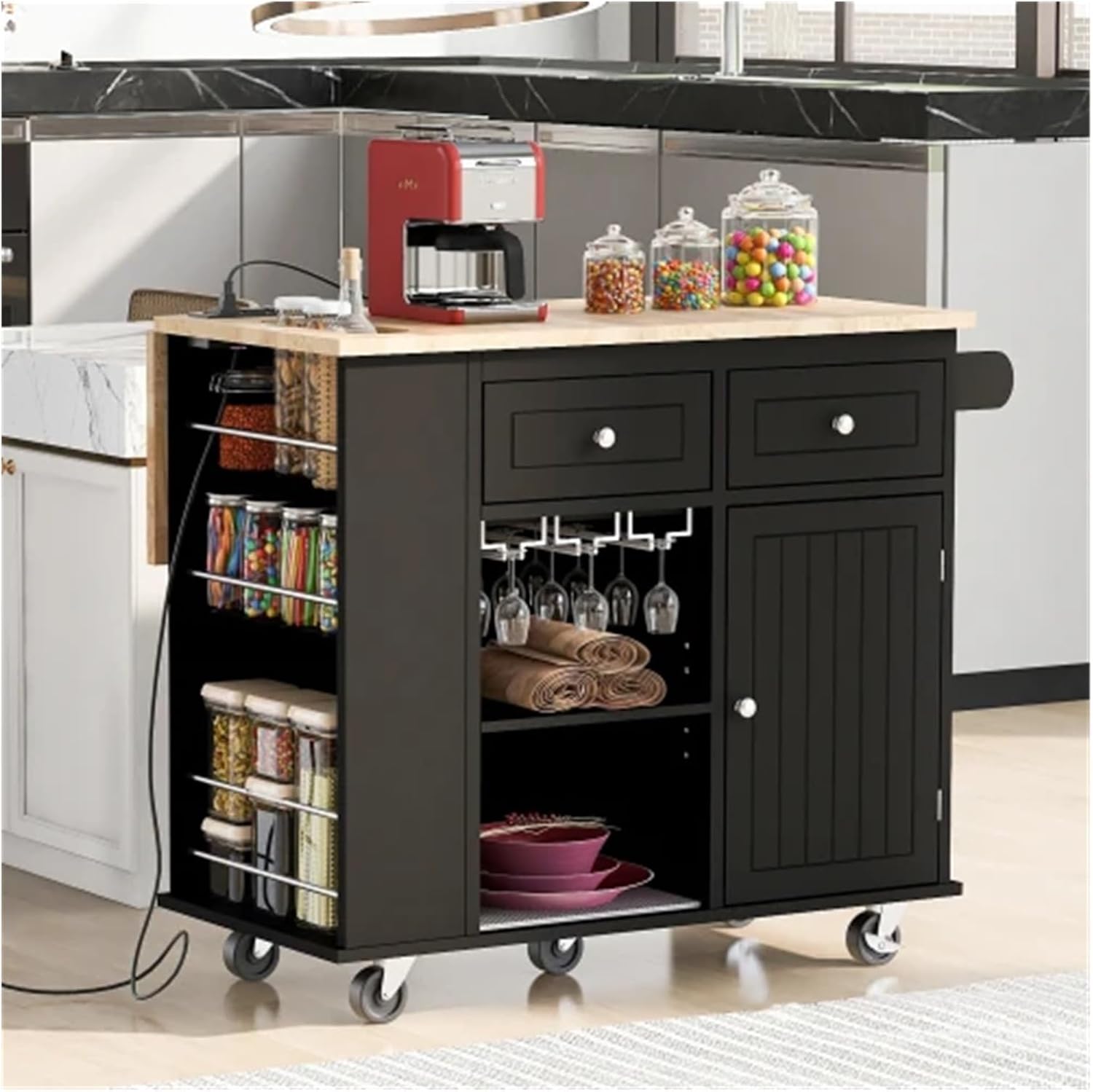 Storage Shelf Cart Kitchen Island with Power Outlet,Kitchen Storage Island with Drop Leaf,Open Storage and Wine Rack,5 Wheels,with Adjustable Storage for Home, Kitchen, and Dining Room Multifunction T