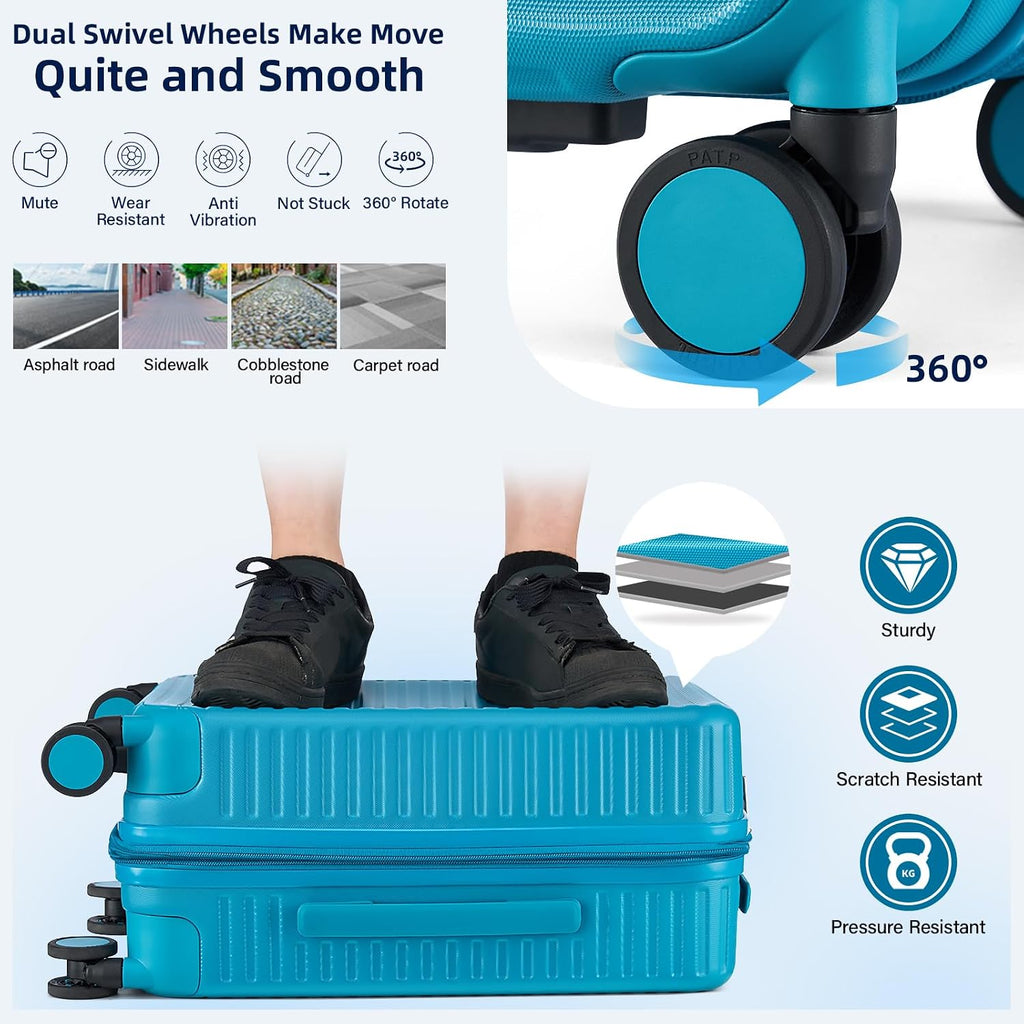 HanTrip Hard Shell Suitcases Travel Expandable Luggage, 24 Inch Check in Luggage with Spinner Wheels Cup Holder Charger Built in, Checked Medium Suitcase Lightweight Suitcases, Caribbean Blue