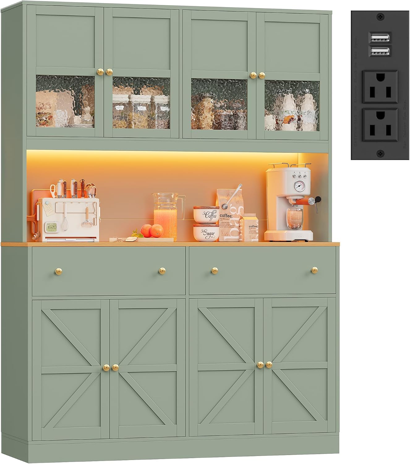 FINETONES 71' Pantry Cabinet with LED Light and Charging Station, Farmhouse Kitchen Pantry Cabinet with Microwave Stand, 47.2' Wide Kitchen Hutch Food Pantry with Open Countertop, Green