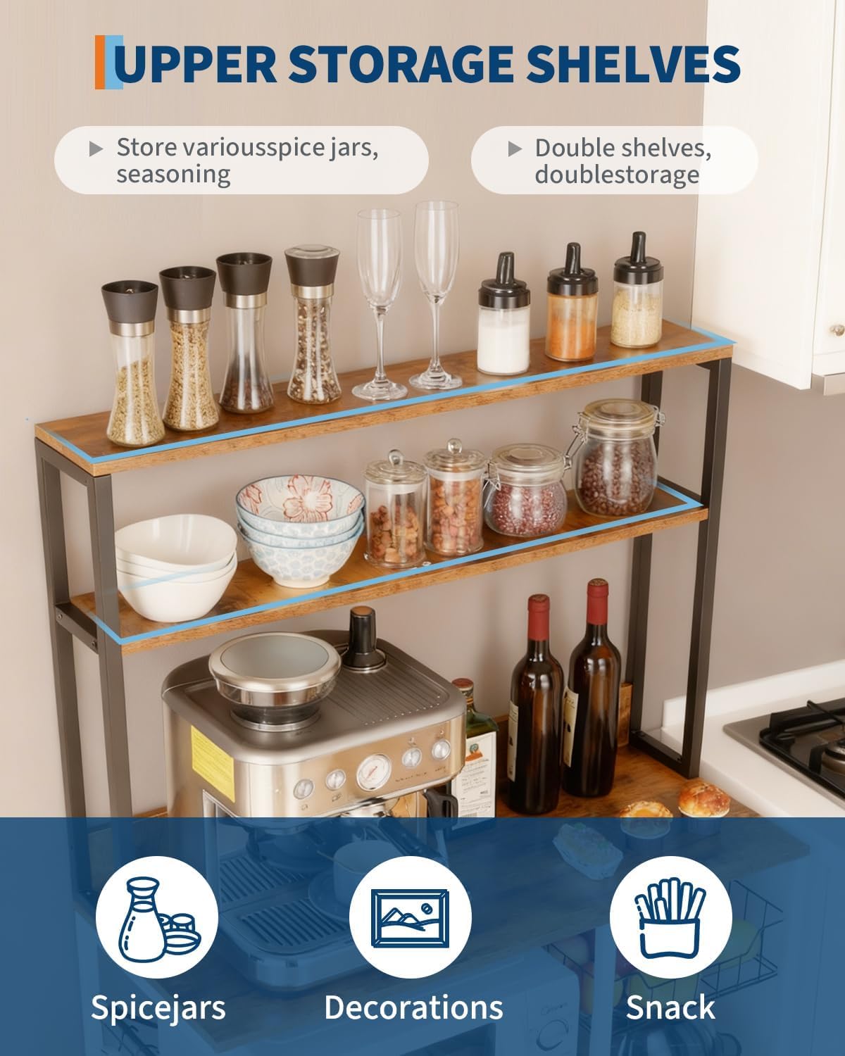 TrailBlaze Kitchen Bakers Rack with Power Outlet – 4-Tier Microwave Oven Stand & Storage Shelf – Coffee Bar Table with 5 S Hooks, Hutch Cabinet Organizer for Spices & Pots – Rustic Brown