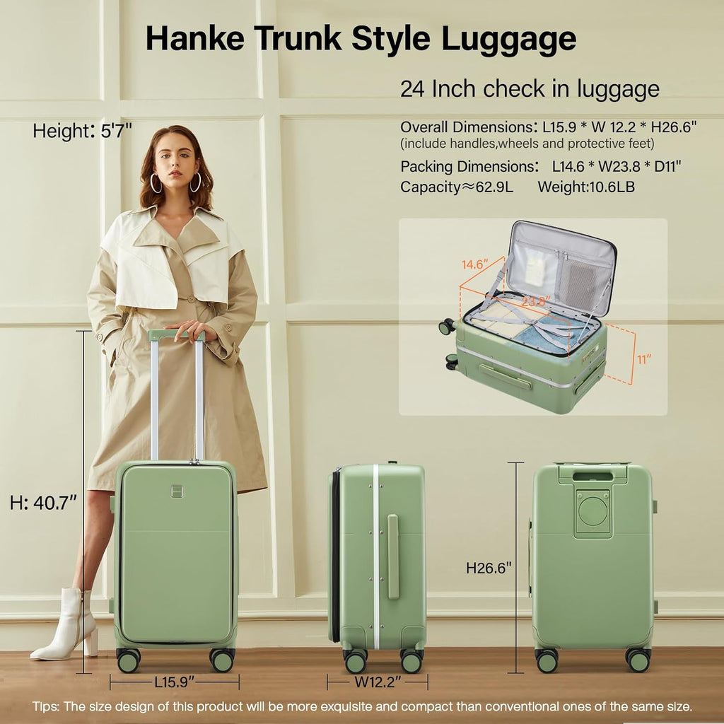 Hanke 24 Inch Checked Luggage with Cup Holder and USB Ports,Top Opening Hard Shell Suitcase with Wheels,Aluminum Frame Trunk Luggage with Foldable Dividers & TSA Lock for Travel, Bamboo Green