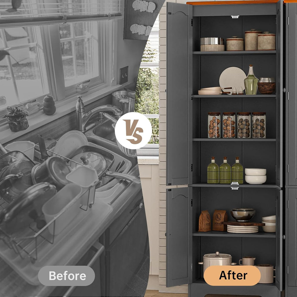 4 Door Pantry - 72.2'' Kitchen Cabinet with Adjustable Shelves, Freestanding Cupboard, Tall Storage Cabinets for Dining Room, Living Room, Laundry, Bathroom, Entryway, Grey