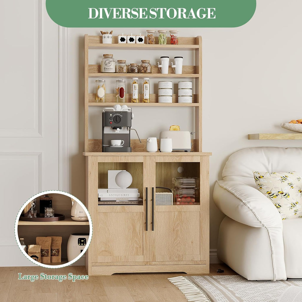 6-Tier Kitchen Bakers Rack,Storage, Power Outlet, and Glass Doors,Freestanding Farmhouse Coffee Bar Cabinet for Kitchen, Living Room, Dining Room,Natural Wood