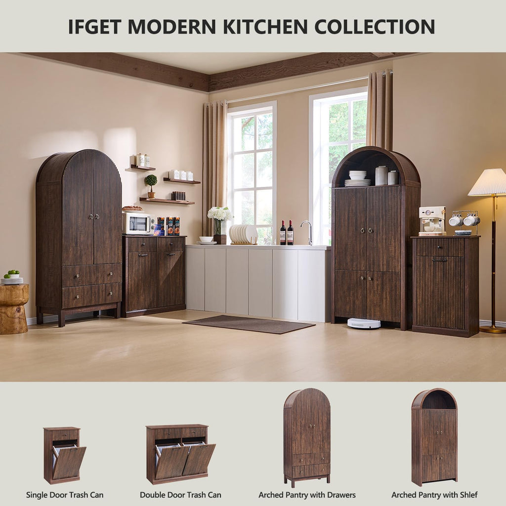 IFGET 71' Tall Arched Kitchen Pantry, Modern Fluted Wood Storage Cabinet with Doors, 3 Adjustable Shelves, 6 Door Shelves, Organizer, Versatile Cupboard for Kitchen, Bathroom, Brown