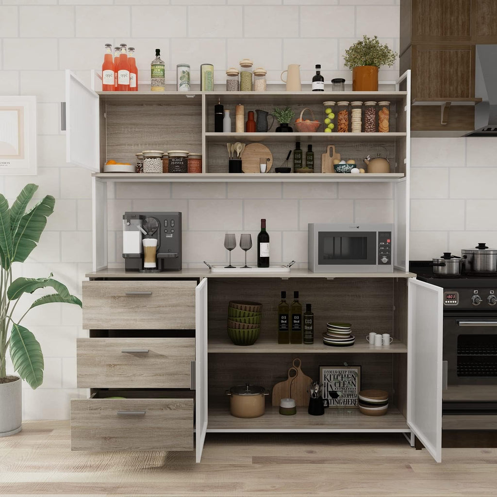 AGOTENI Large Kitchen Hutch Cabinet, Storage Cupboard Pantry with 3 Metal Doors, 3 Drawers & Microwave Shelf, for Kitchen Open Storage, Oak (59' W x 15.7' D x 68.5' H)
