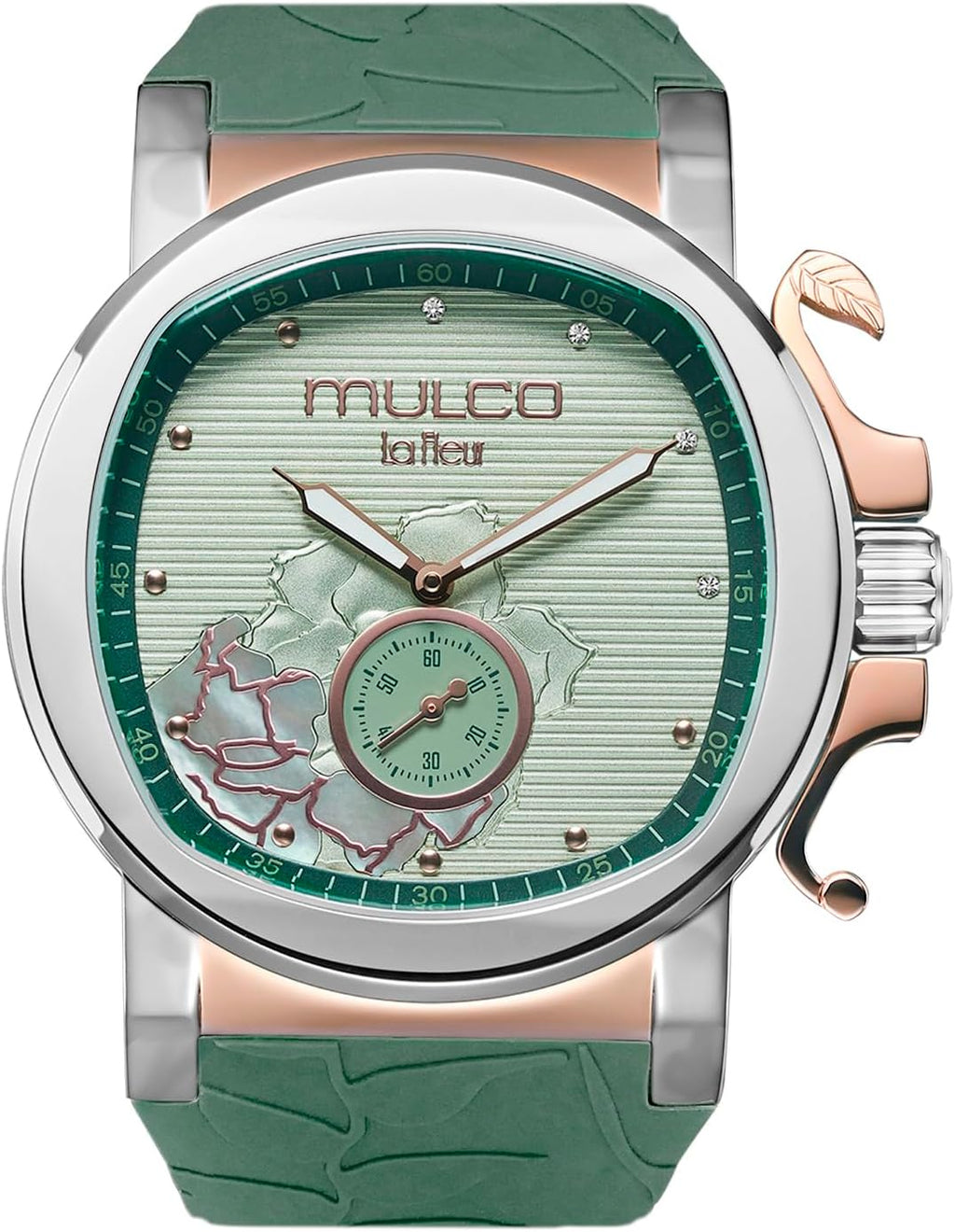MULCO Le Fleur Gardenia Women's Watch – 43 mm Stainless-Steel Case, Rose-Gold Bezel, Mother-of-Pearl Dial with Crystal Accents, Pure Silicone Strap, Quartz Multifunction Movement, 10 ATM Waterproof