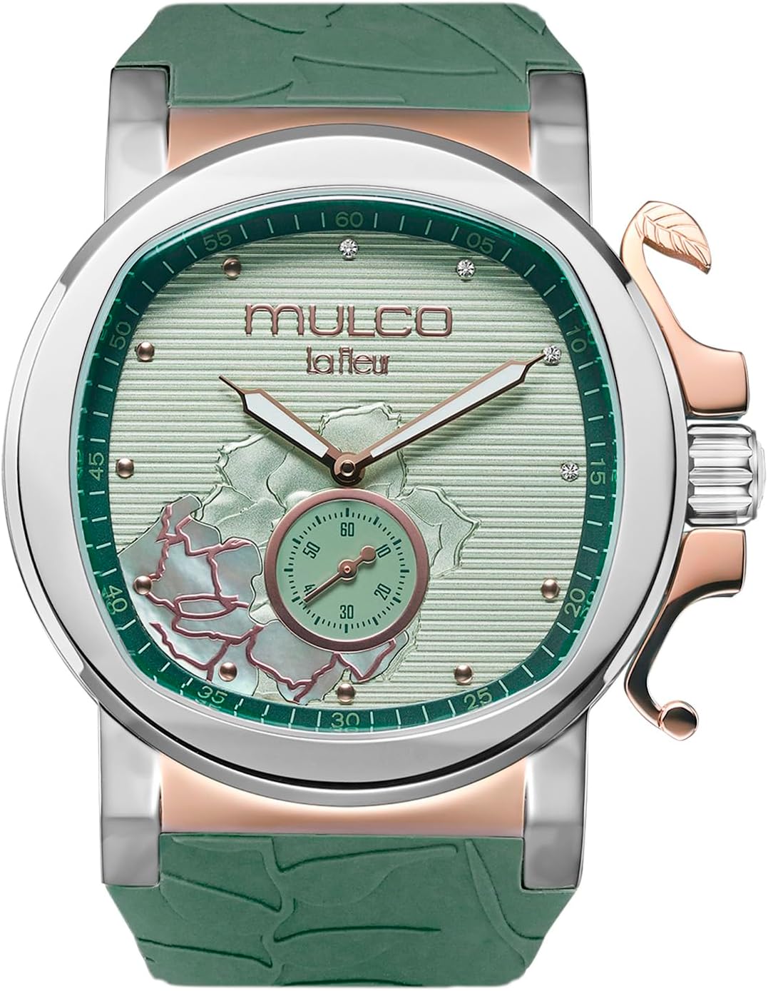 MULCO Le Fleur Gardenia Women's Watch – 43 mm Stainless-Steel Case, Rose-Gold Bezel, Mother-of-Pearl Dial with Crystal Accents, Pure Silicone Strap, Quartz Multifunction Movement, 10 ATM Waterproof
