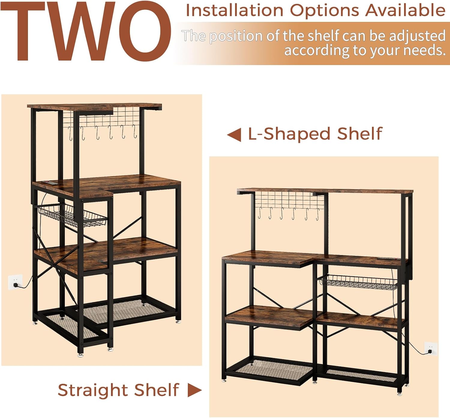 L-Shaped Bakers Rack with Power Outlet,4-Tier Corner Microwave Stand with Storage,Coffee Bar Station with 6 Hooks, Kitchen Shelf with 2 Installation Methods,for Living Room,Office,Rustic Brown