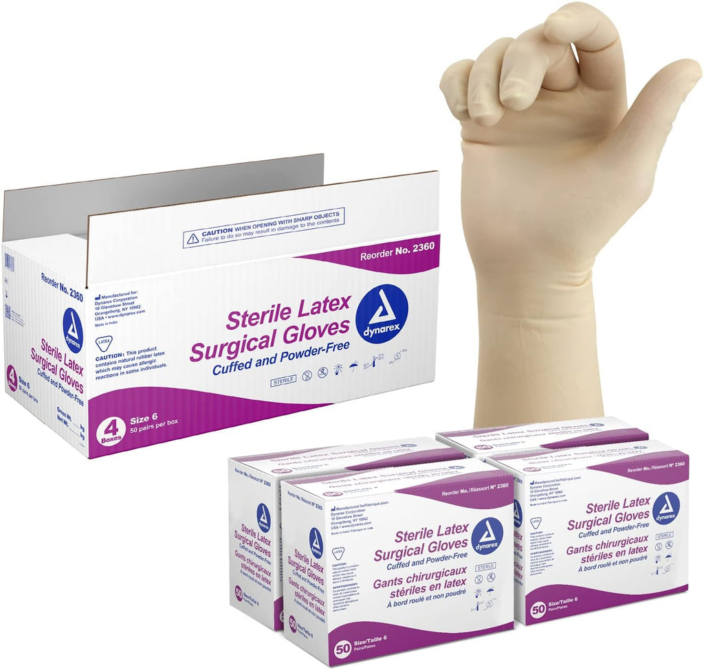 Dynarex Sterile Disposable Latex Surgical Gloves, Powder-Free, Sterilely Packaged in Pairs, Medical & Healthcare, Bisque, Size 6, 1 Case of 200 Pairs