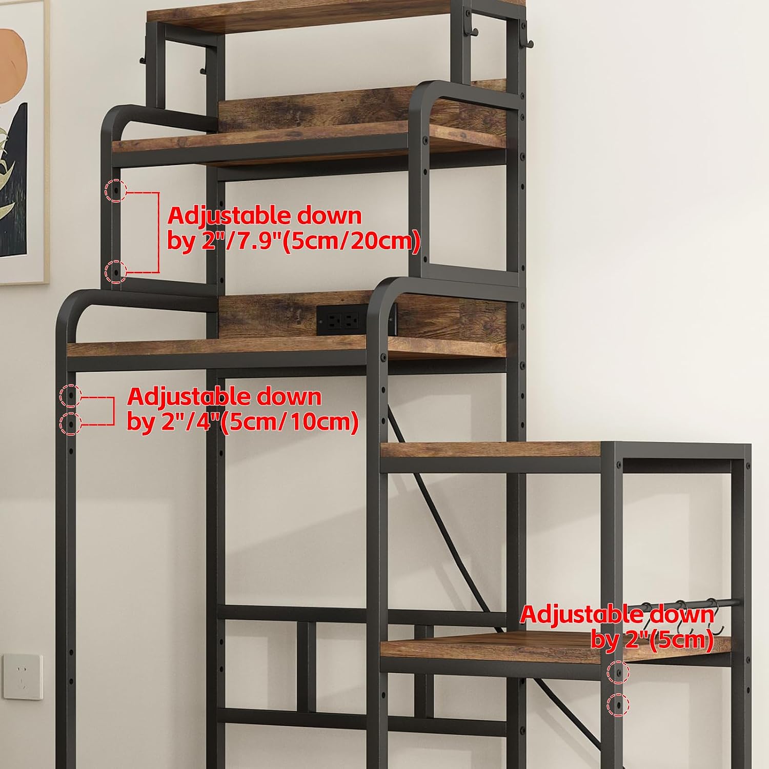 Multifunctional 7 Tier F Microwave Stand with 2 AC,2 USB Outlets Coffee Bar Bakers Rack Storage Shelf, Utility Storage Shelf, FCabinet for Kitchen, Dorm, Living Room, Brown
