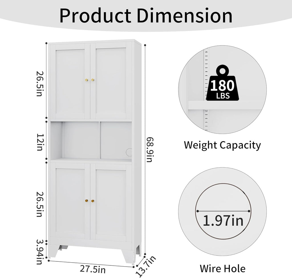 68.9'' White Metal Kitchen Pantry Cabinet with Doors and Adjustable Shelves, Hutch Cabinet with Microwave Storage, Kitchen Cabinet Storage for Living Room, Bathroom, Home