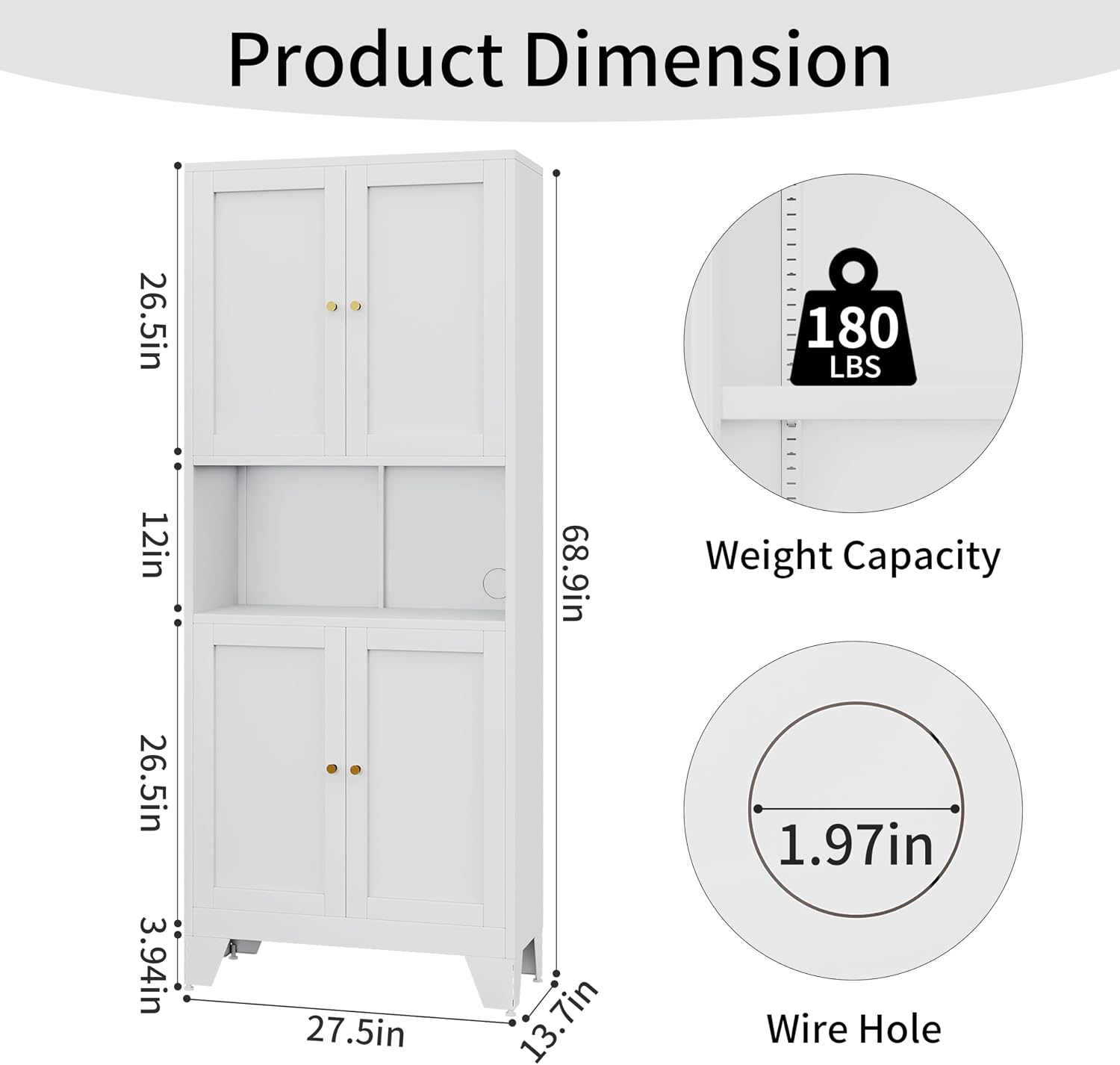 68.9'' White Metal Kitchen Pantry Cabinet with Doors and Adjustable Shelves, Hutch Cabinet with Microwave Storage, Kitchen Cabinet Storage for Living Room, Bathroom, Home