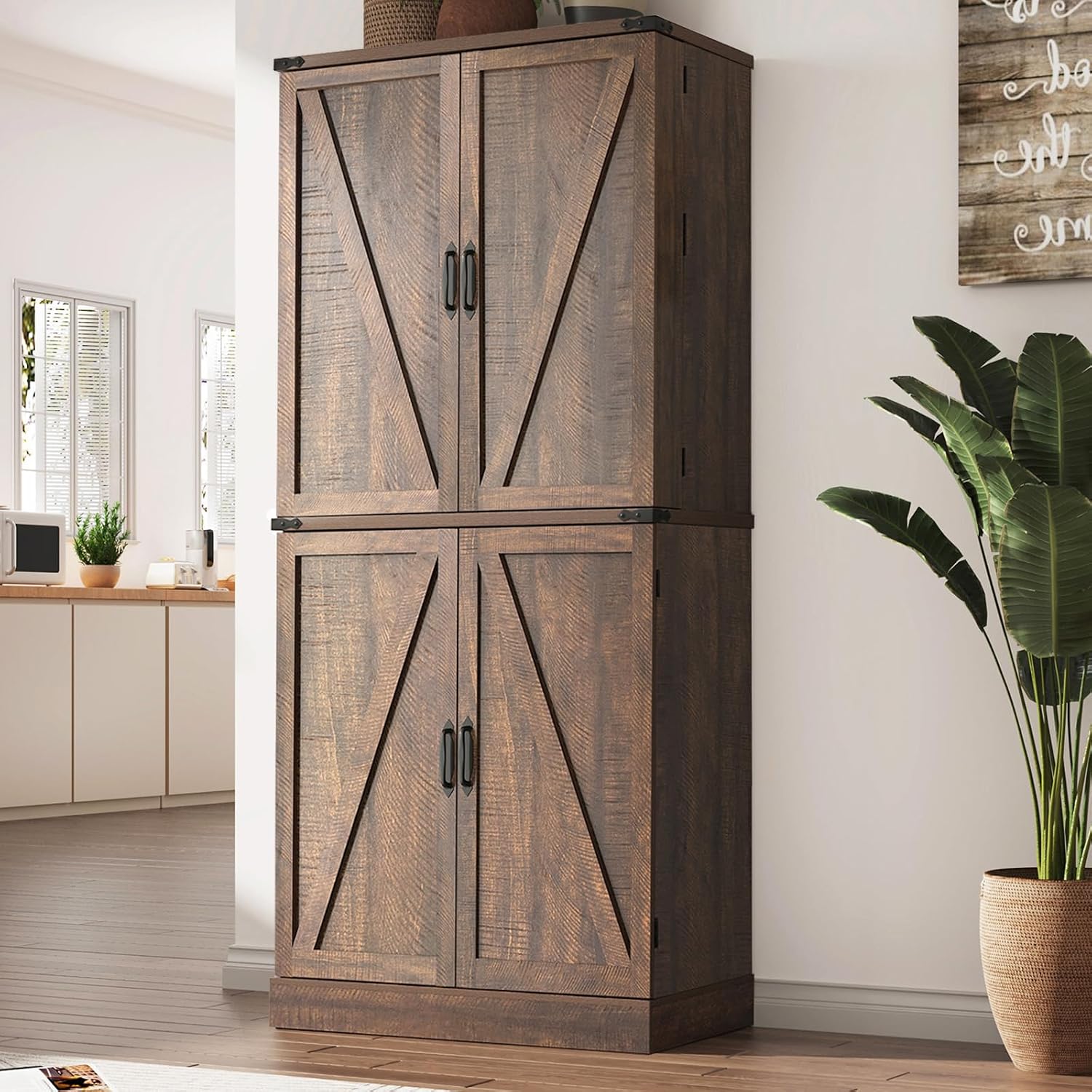 Hlivelood Farmhouse Kitchen Pantry Cabinet with 3 Drawers,71' Tall Rustic Wood Storage Cabinet with 6 Door Shelves,with Load-Bearing Steel Pipe,Pantry Organizers for Kitchen,Dining Room(Rustic Brown)