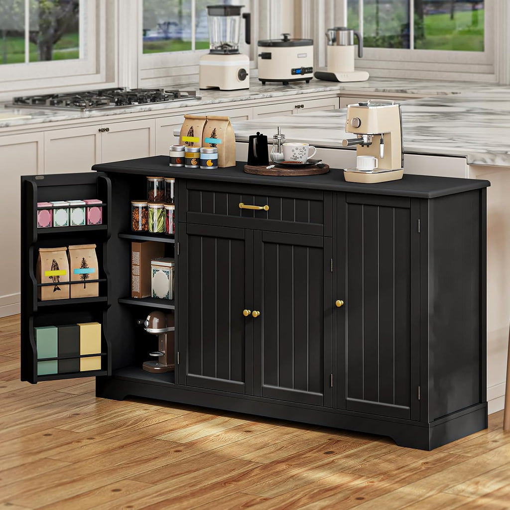 Gizoon 56' Kitchen Coffee Bar Cabinet with Storage Kitchen Sideboard Buffet Cabinet with Drawers, Short Pantry with Door and Shelves for Bathroom and Living Room, Black