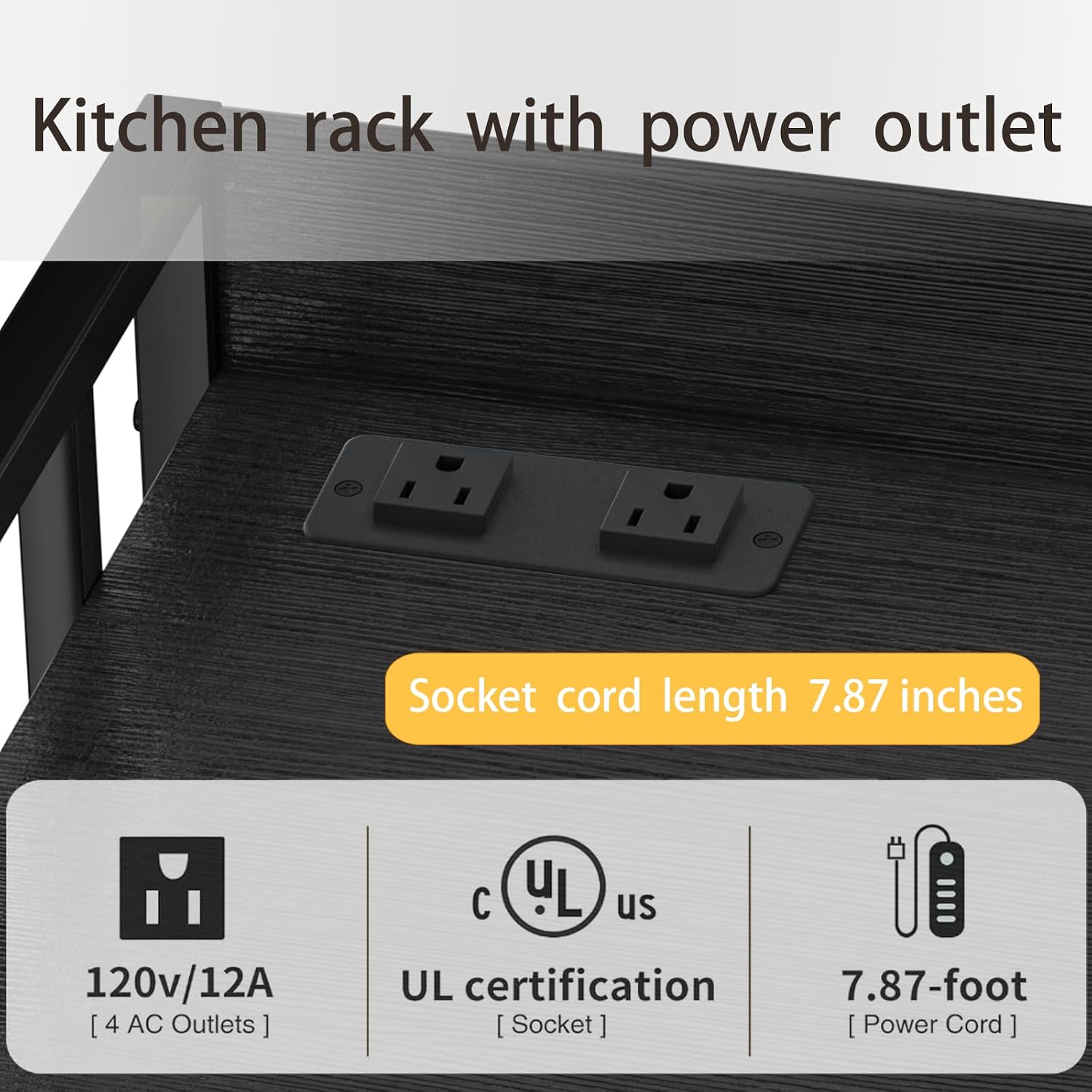 Adjustable Bakers Rack with Power Outlet, 4 Tier Microwave Oven Stand, Heavy Duty Kitchen Storage Rack for Garage Dining Room, Black