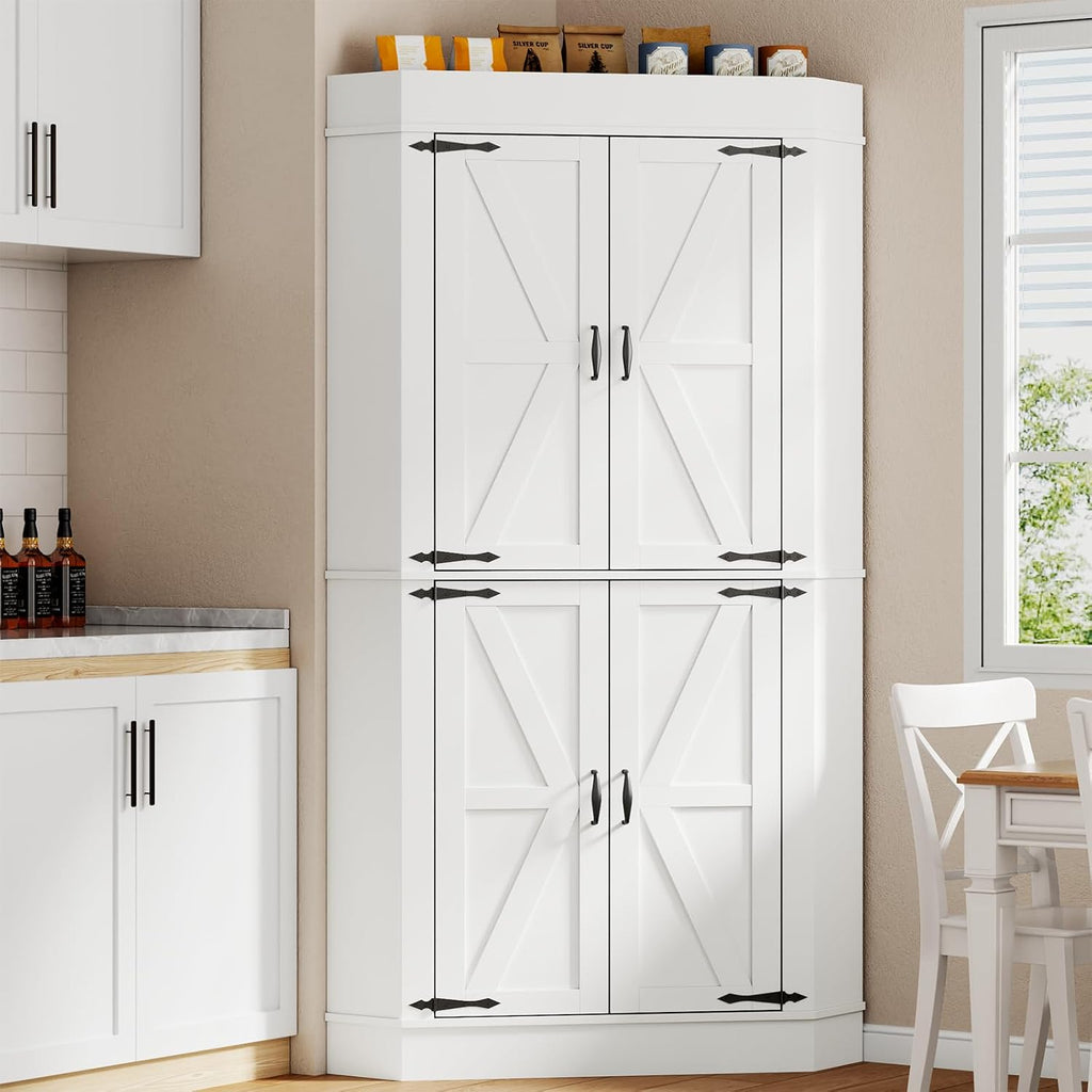 Gyfimoie Corner Cabinet,Kitchen Pantry Storage Cabinet,Freestanding Buffet Hutch with 4 Doors and Shelves,Tall Food Pantry Farmhouse Furniture with Side Rack for Kitchen Dining Room (White)