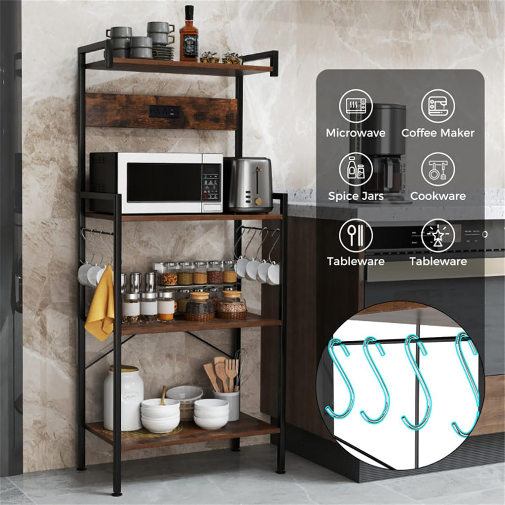 Kitchen Baker's Rack with Power Socket, Microwave Rack with 4 Shelves and 8 S-Shaped Hooks, Kitchen Storage Rack for Spices and Pots, Rustic Brown
