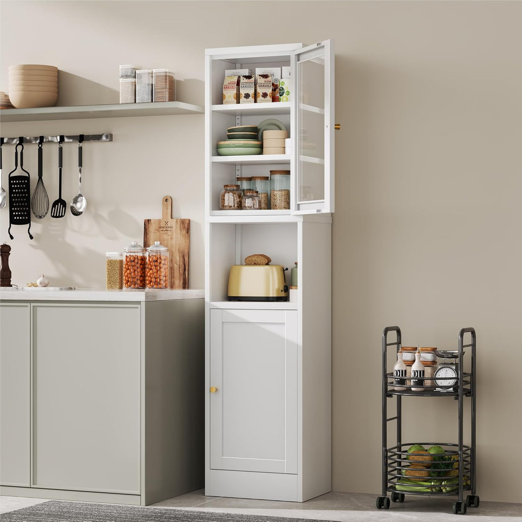 YAUWOH Metal Storage Cabinet with Glass Door, Tall Slim Pantry Organizer with 3 Adjustable Shelves (120LBS/Shelf), Anti-Tipping Waterproof Cabinet for Kitchen/Home Office/Small Spaces,(1PC,White)