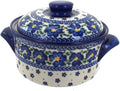 Blue Rose Polish Pottery - Blue Spring Blossom Round Baker with Lid - 7.5' Diameter - Unique, Dishwasher Safe, & Durable Bakeware