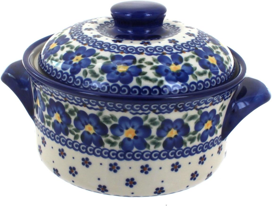 Blue Rose Polish Pottery - Blue Spring Blossom Round Baker with Lid - 7.5' Diameter - Unique, Dishwasher Safe, & Durable Bakeware