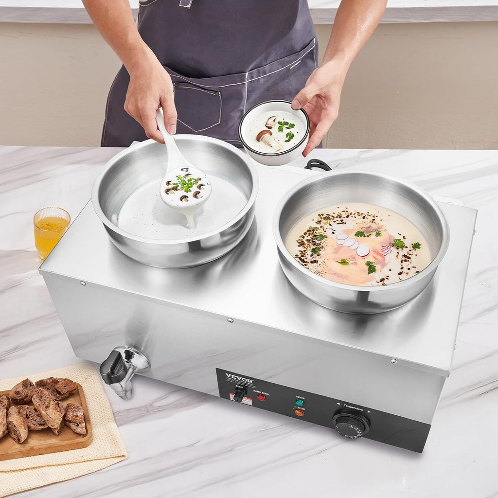 ETL Listed Electric Soup Warmer, Dual 7.4QT Stainless Steel Round Pot 86~185°F Adjustable Temp, 1200W Commercial Bain Marie with Anti-Dry Burn, Soup Station for Restaurant, Buffet, Silver