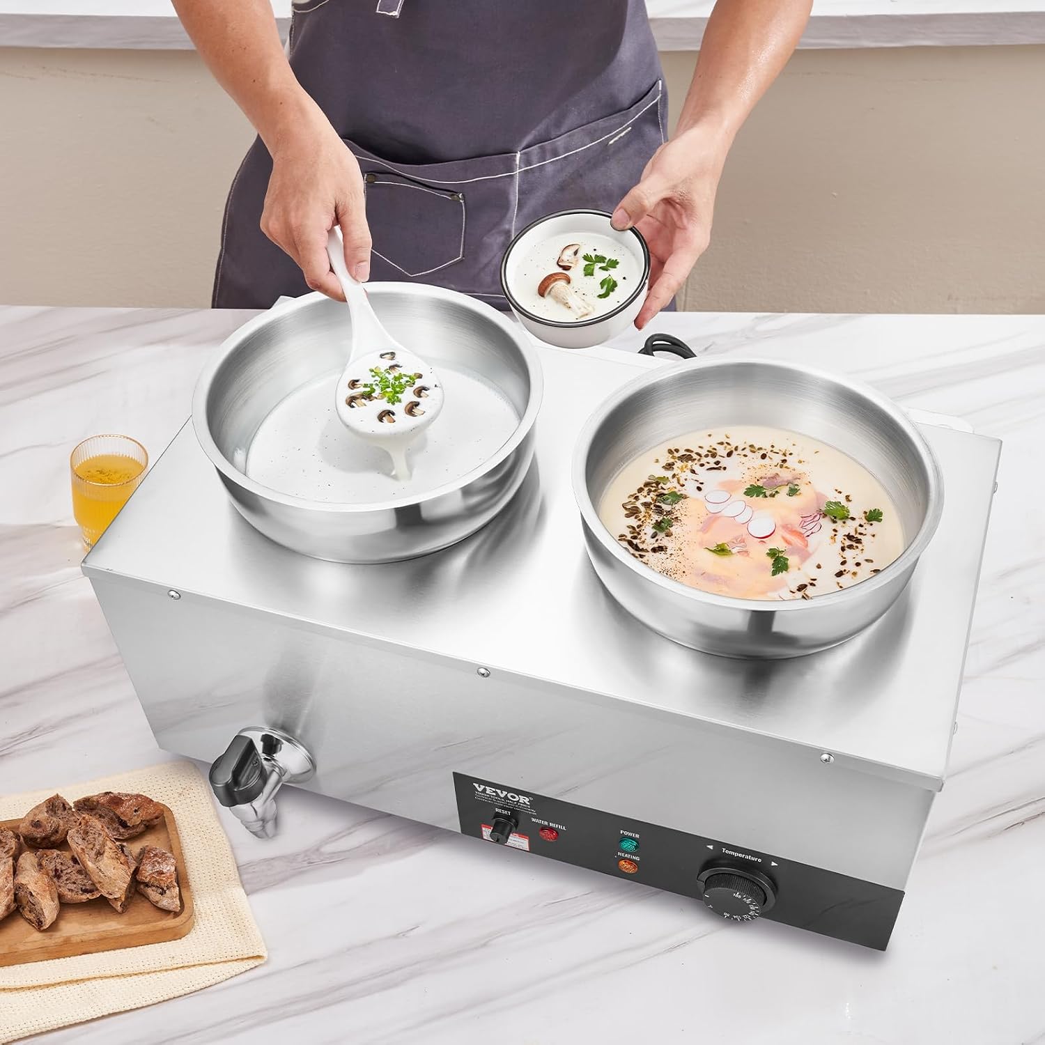 ETL Listed Electric Soup Warmer, Dual 7.4QT Stainless Steel Round Pot 86~185°F Adjustable Temp, 1200W Commercial Bain Marie with Anti-Dry Burn, Soup Station for Restaurant, Buffet, Silver