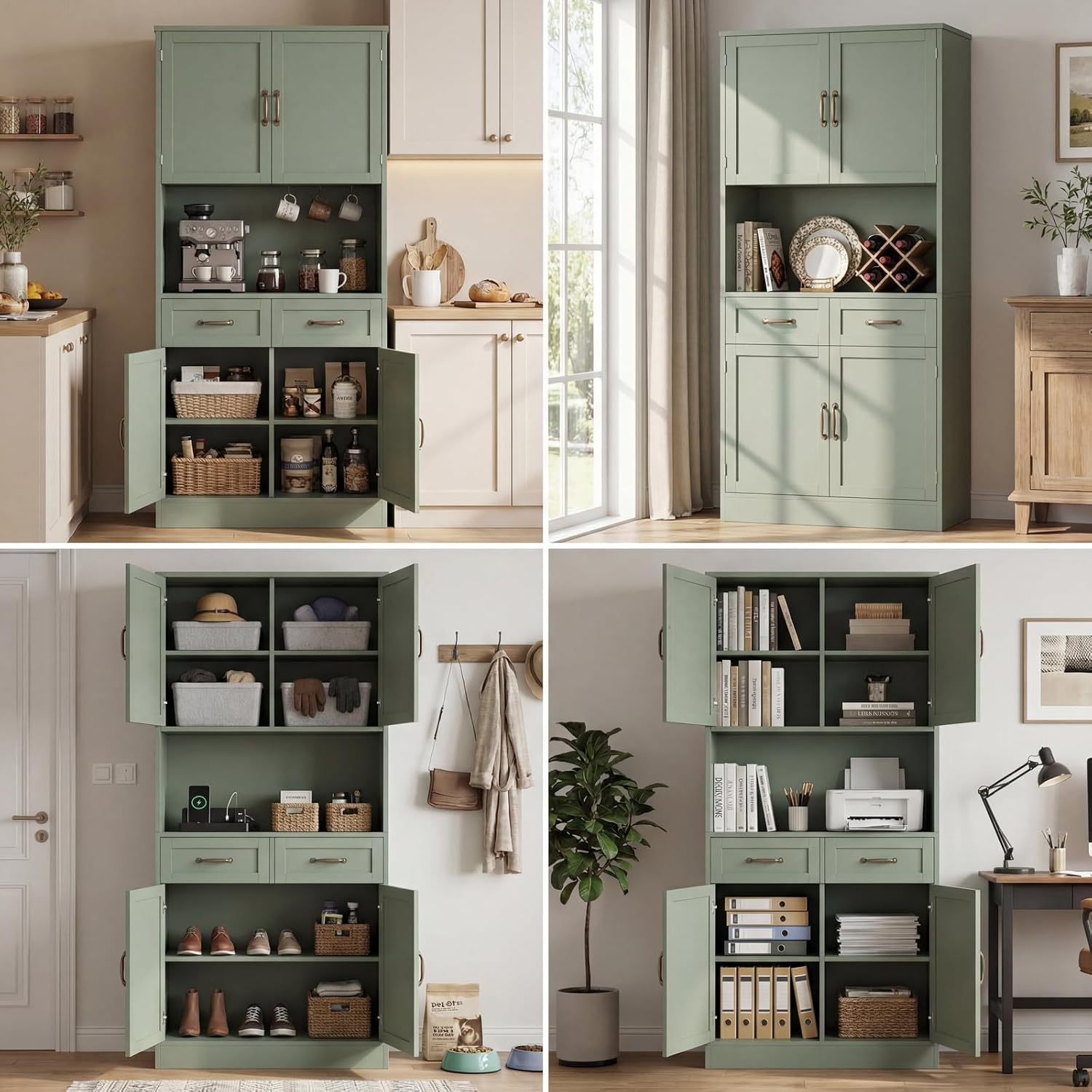 HOSTACK 71' Tall Kitchen Pantry Storage Cabinet, Modern Kitchen Hutch Bar Cabinet with Microwave Stand, Wood Buffet Sideboard with Hutch, Cupboard with Drawers, Shelves for Dining Room, Green