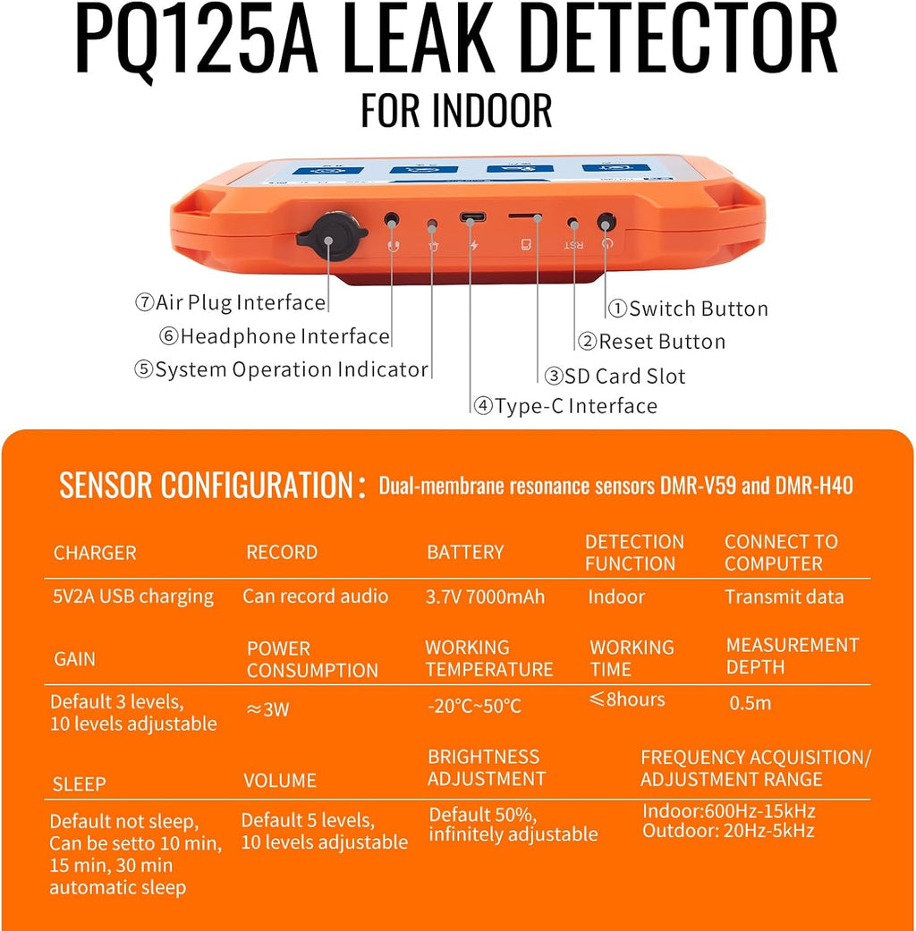 Underground Water Leak Detectors for Home PQ125A Wall Pipe Water Leakage Detection with Touchscreen Earphone and Carrying Case Multi Sensor Acoustic Pipeline Sound Intensifier