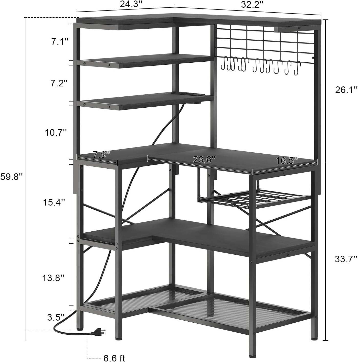 L-Shaped Bakers Rack with Power Outlet, 6-Tier Microwave Stand with Open Storage, Kitchen Shelf with Hooks, Coffee Bar with Wire Basket, Black