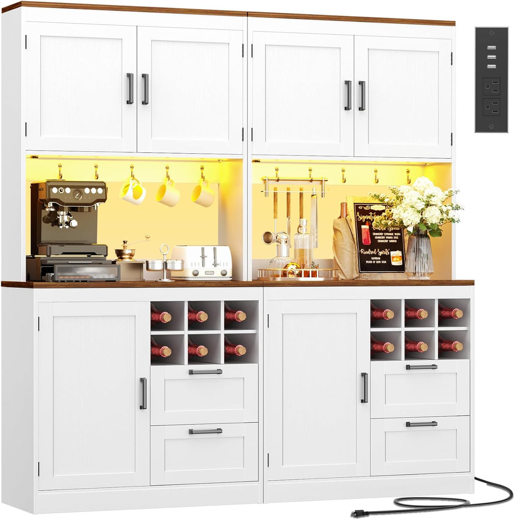 Unikito 72' Tall Pantry Cabinet, Kitchen Pantry Storage Cabinet with LED Light & Outlet, 63' Wide Kitchen Hutch Bar with Microwave Stand, Drawers, Wine Rack & Shelves, Cupboard for Dining Room, White