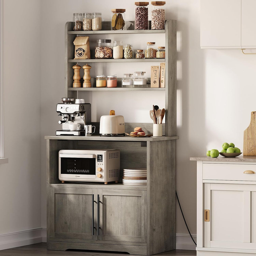 Farmhouse Bakers Rack with Power Outlets and Storage, Coffee Bar Cabinet, Microwave Stand with Shelves &Thick Table Top,Small Kitchen Bakers Rack for Kitchen,Dining Room