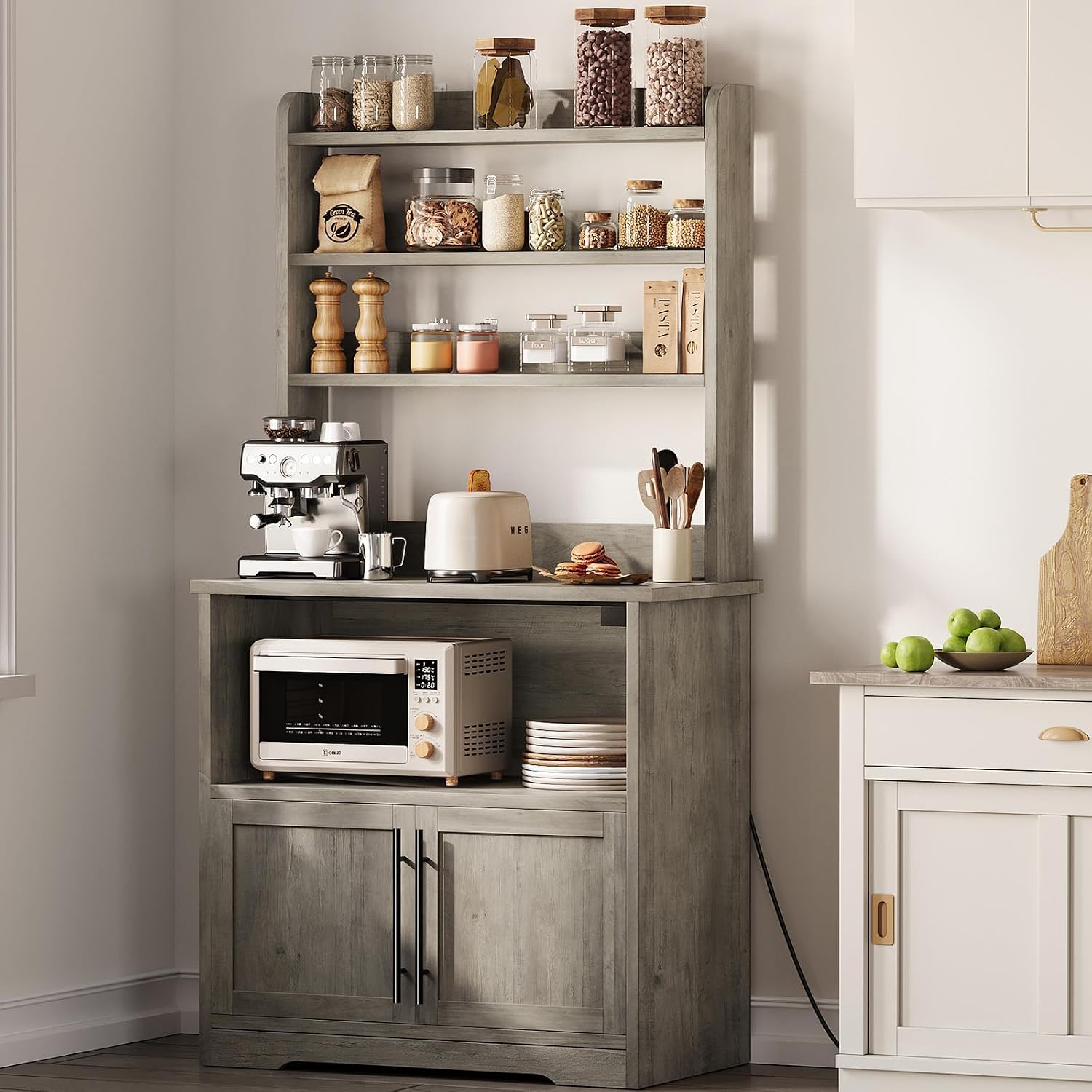 Farmhouse Bakers Rack with Power Outlets and Storage, Coffee Bar Cabinet, Microwave Stand with Shelves &Thick Table Top,Small Kitchen Bakers Rack for Kitchen,Dining Room