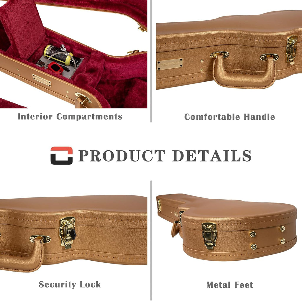 Crossrock Wooden Dreadnought Guitar Case for Martin D-28 / Taylor Grand Auditorium | Luxury Gold Faux Leather, Burgundy Velvet Interior, Lock – Designer Series(CRW520D28LG)
