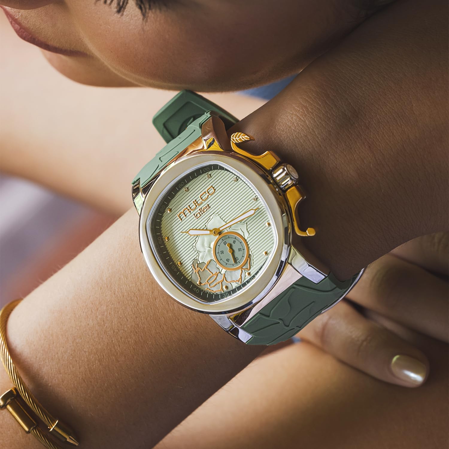 MULCO Le Fleur Gardenia Women's Watch – 43 mm Stainless-Steel Case, Rose-Gold Bezel, Mother-of-Pearl Dial with Crystal Accents, Pure Silicone Strap, Quartz Multifunction Movement, 10 ATM Waterproof