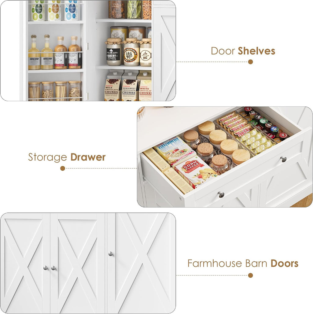 HIFIT 72.8' Tall Kitchen Pantry Cabinet with LED & Charging Station, 55' Wide Farmhouse Pantry Storage Cabinet with Microwave Stand&Shelves&Barn Doors, Kitchen Hutch Coffee Bar for Living Room, White