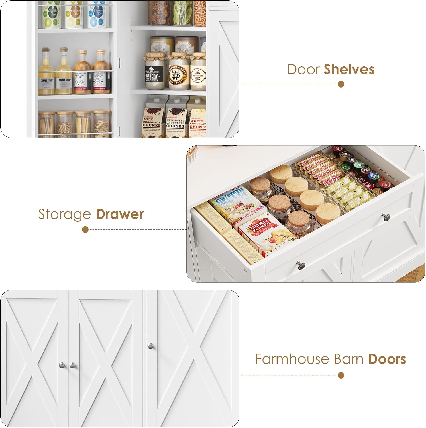 HIFIT 72.8' Tall Kitchen Pantry Cabinet with LED & Charging Station, 55' Wide Farmhouse Pantry Storage Cabinet with Microwave Stand&Shelves&Barn Doors, Kitchen Hutch Coffee Bar for Living Room, White