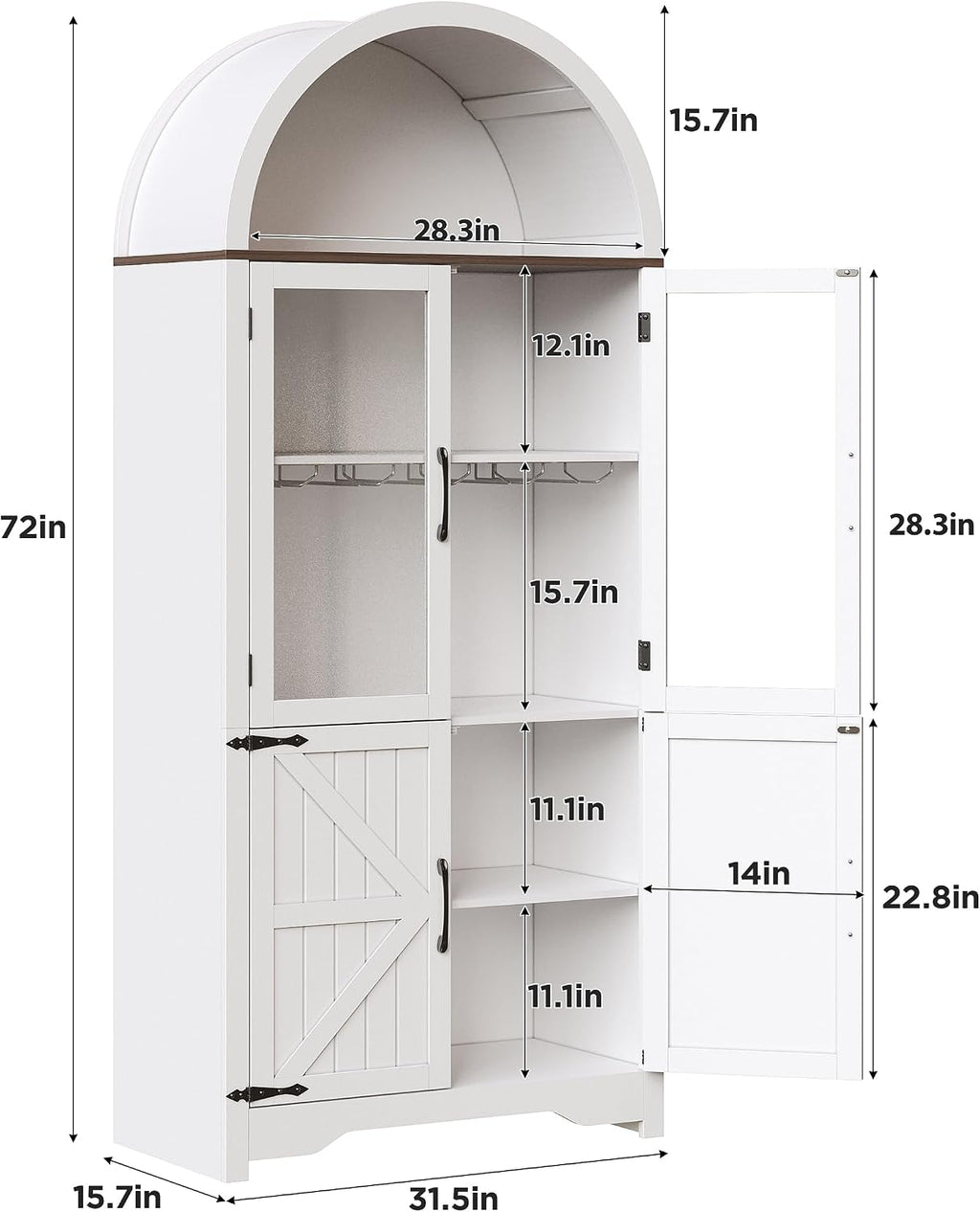 Maupvit Arched Wine Cabinet with Glass Door, 72' Tall Coffee Bar Cabinets with Wine Rack, Liquor Cabinet for Home, Kitchen Pantry Cupboard for Dining Living Room (White)