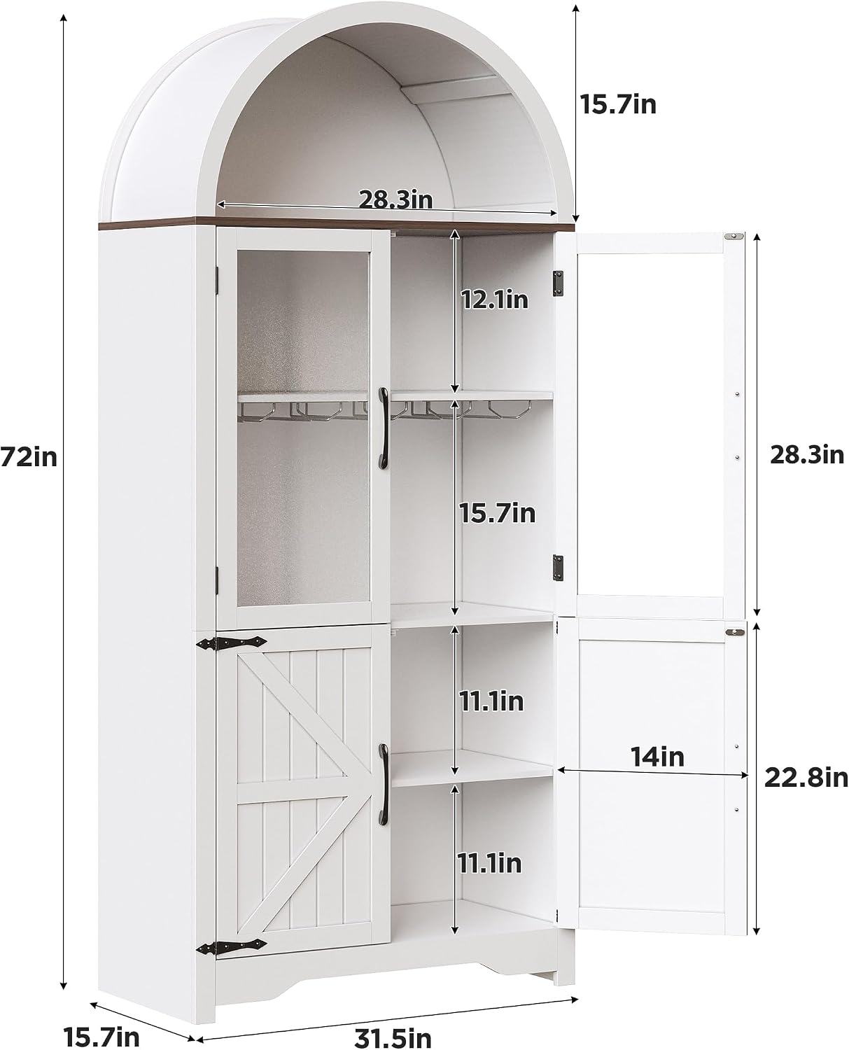 Maupvit Arched Wine Cabinet with Glass Door, 72' Tall Coffee Bar Cabinets with Wine Rack, Liquor Cabinet for Home, Kitchen Pantry Cupboard for Dining Living Room (White)