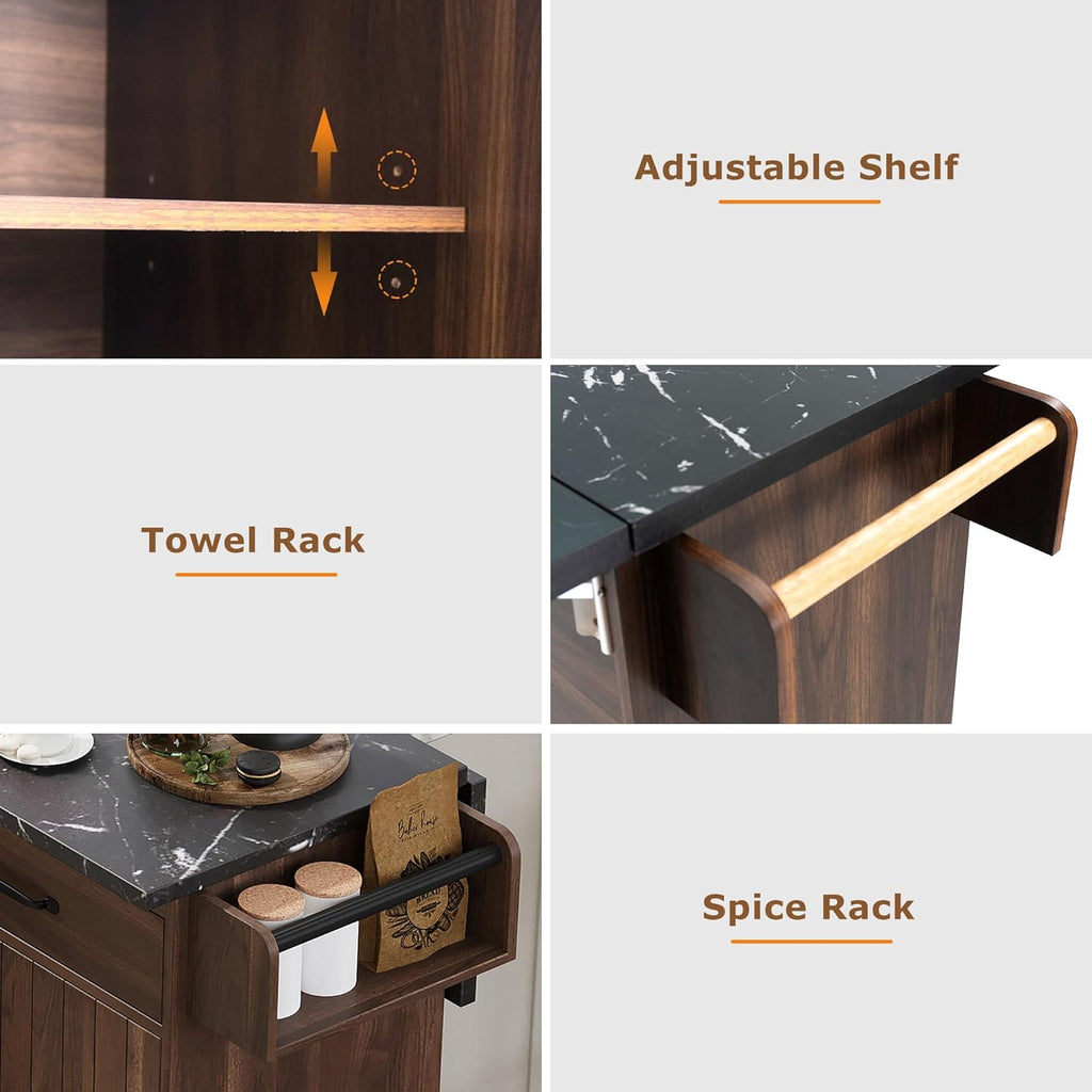 Farmhouse Kitchen Island with Trash Can Storage Cabinet, Kitchen Cart with Drop Leaf, Spice Rack, Towel Rack and Drawer, Rolling Kitchen Island on Wheels with Adjustable Shelf (Walnut Brown1)