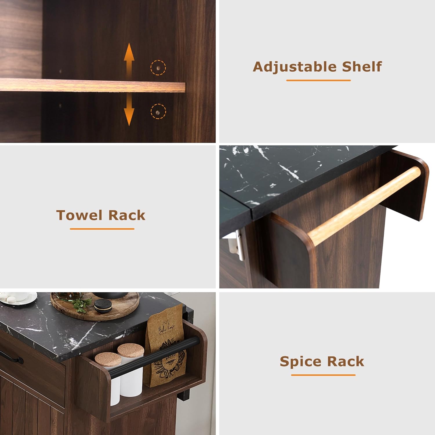 Farmhouse Kitchen Island with Trash Can Storage Cabinet, Kitchen Cart with Drop Leaf, Spice Rack, Towel Rack and Drawer, Rolling Kitchen Island on Wheels with Adjustable Shelf (Walnut Brown1)