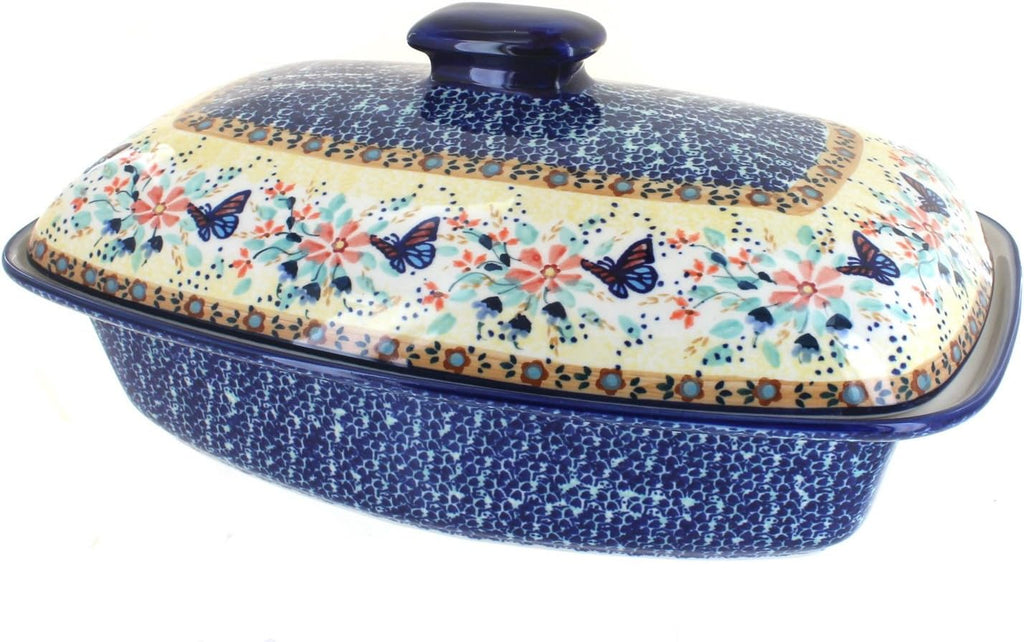 Blue Rose Polish Pottery - Yellow Blue Butterfly Covered Baker - 2 QT Capacity - Unique, Dishwasher Safe, & Durable Bakeware