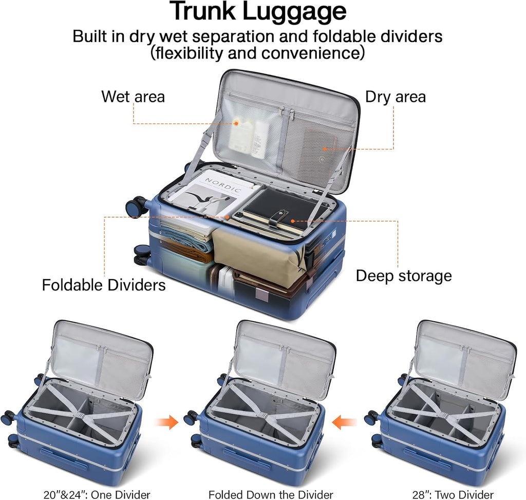 Hanke 24 Inch Checked Luggage with Cup Holder and USB Ports,Top Opening Hard Shell Suitcase with Wheels,Aluminum Frame Trunk Luggage with Foldable Dividers & TSA Lock for Travel, Interstellar Blue