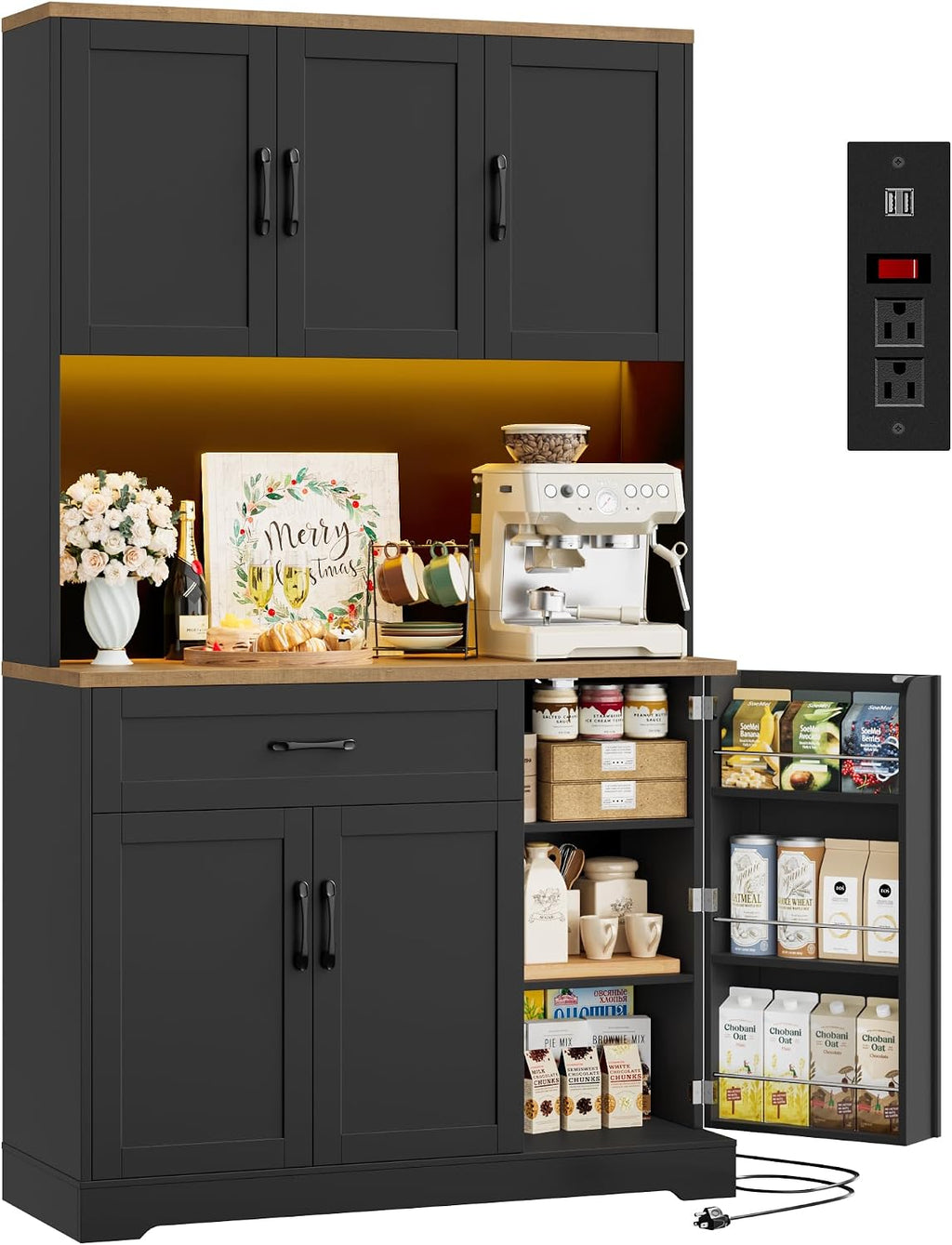 HIFIT 71' LED Kitchen Pantry Cabinet with Power Outlet, Tall Hutch Storage Cabinet with Microwave Stand & 6 Door Shelves, Modern Food Pantry Cabinets with Drawer for Kitchen Dining Living Room, Black
