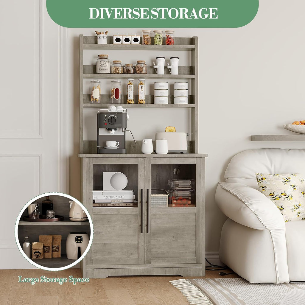 Microwave Stand & Coffee Bar Cabinet | 6-Tier Kitchen Bakers Rack with Storage, Power Outlet, and Glass Doors | Freestanding Tall Wooden Hutch for Dining Room Organization